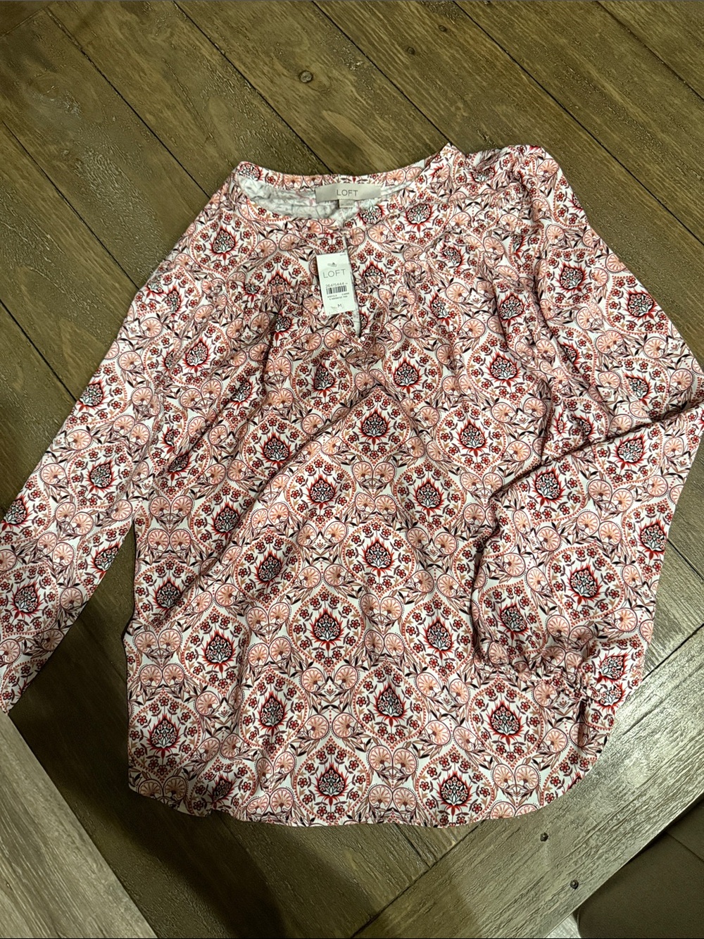 LOFT Red and Cream Patterned Long-Sleeve Blouse
